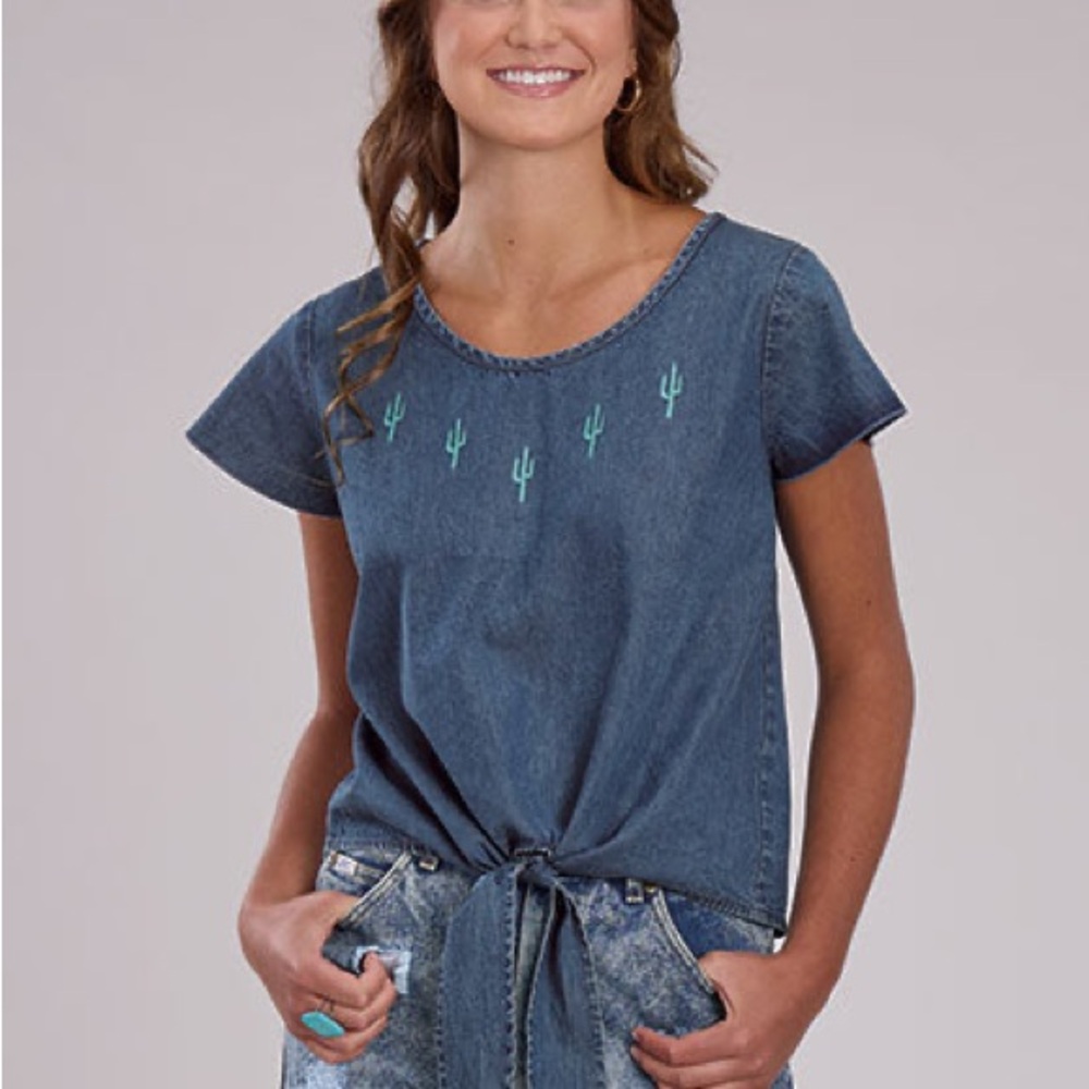 Roper Cactus Embroidered Denim Short Sleeve Western Shirt Tie Waist Size S NWT